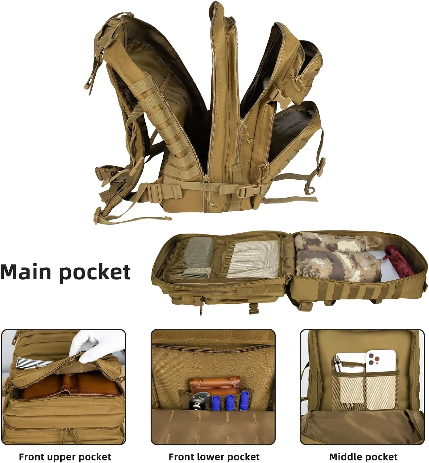 45L Military Tactical Backpack Large Army Molle Assault Bag 3 Day Daypack for Men Hiking Camping Work, Khaki Tactical Backpack with Water Pouches