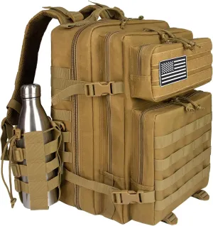 45L Military Tactical Backpack Large Army Molle Assault Bag 3 Day Daypack for Men Hiking Camping Work, Khaki Tactical Backpack with Water Pouches