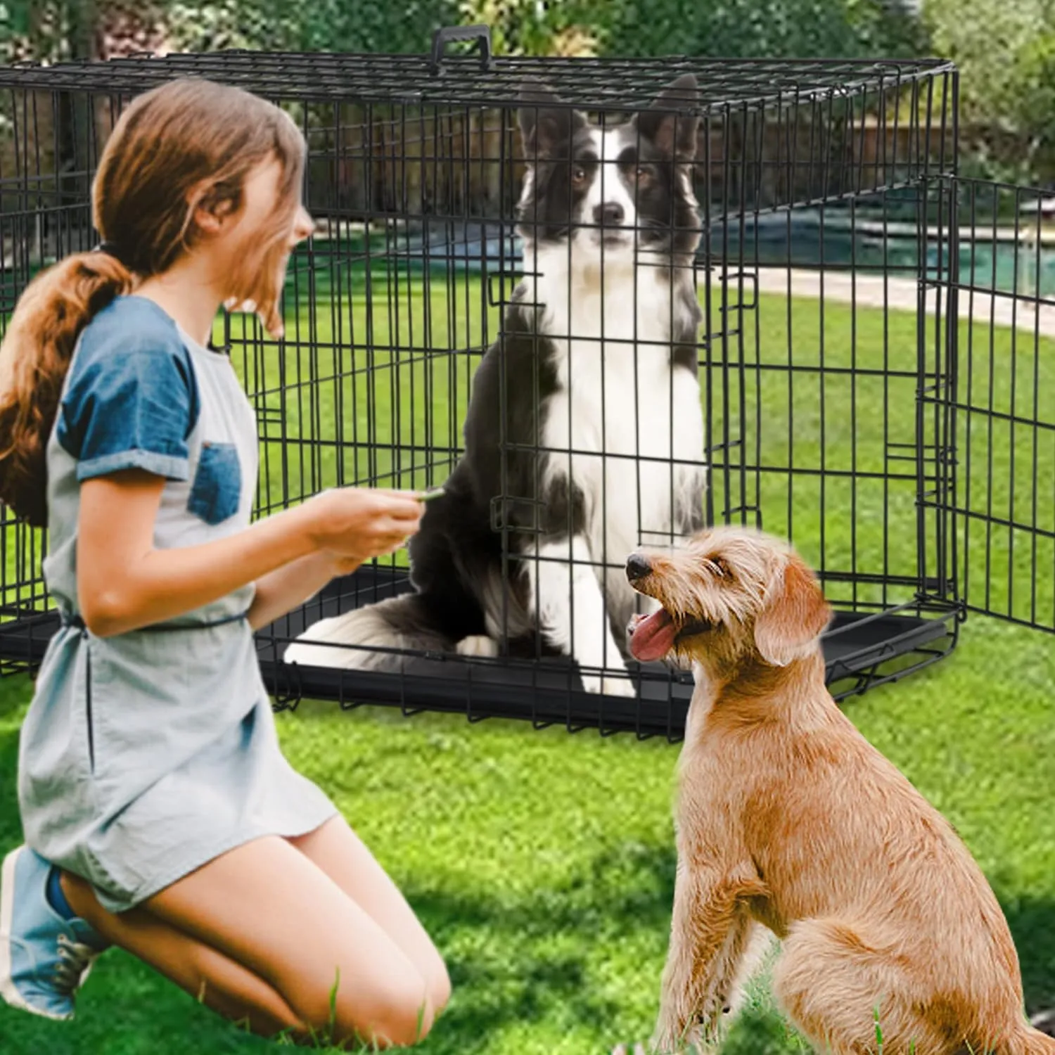 48 Inch Dog Crate Extra Large Dog Cage for Large Dogs Folding Mental Wire Dog Kennel Outdoor and Indoor with Double-Door Divider Panel Removable Tray and Handle L XL XXL