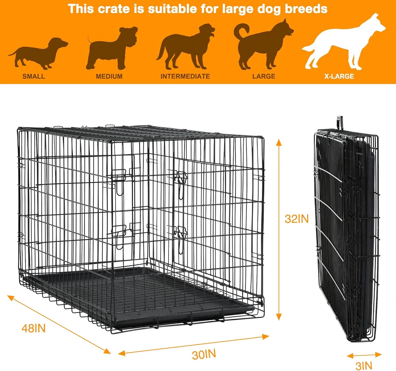 48 Inch Dog Crate Extra Large Dog Cage for Large Dogs Folding Mental Wire Dog Kennel Outdoor and Indoor with Double-Door Divider Panel Removable Tray and Handle L XL XXL