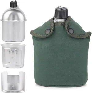 4pcs Set Military Army Canteen Aluminum Cookware Set 1 Qt Military Canteen Cup Camping Wood Stove Set Spork Outdoor Camping Water Bottle Bowl for Camping Hiking Backpacking