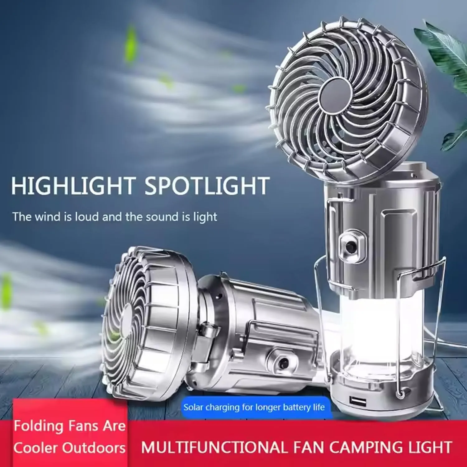 5-in-1 Portable LED Camping Lantern with Fan, Solar/USB Rechargeable, Light Power Outages & Phone Charger, Lightweight ABS for Tent, Hiking, Emergency Survival Gear Essentials(Silver-2pc)