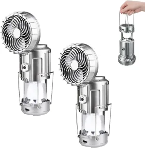 5-in-1 Portable LED Camping Lantern with Fan, Solar/USB Rechargeable, Light Power Outages & Phone Charger, Lightweight ABS for Tent, Hiking, Emergency Survival Gear Essentials(Silver-2pc)