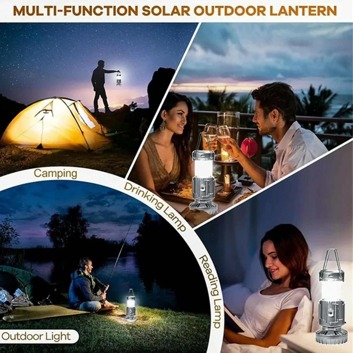 5-in-1 Portable LED Camping Lantern with Fan, Solar/USB Rechargeable, Light Power Outages & Phone Charger, Lightweight ABS for Tent, Hiking, Emergency Survival Gear Essentials(Silver-2pc)