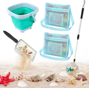 5 PCS Shelling Tools for Beach Include 2 PCS Seashell Bag, Mesh Sand Sifter Shovel, Foldable Beach Bucket & Shell Scooper with Extra Long Adjustable Handle, Adult Kids Summer Beach Toys