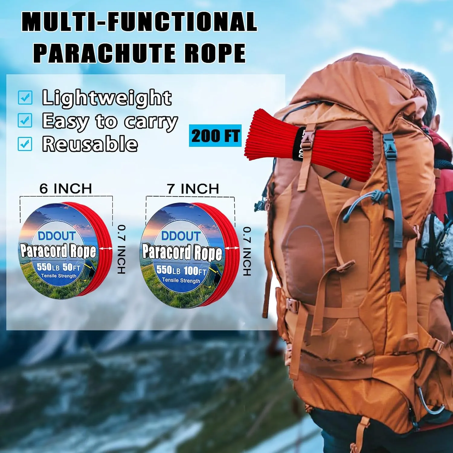 550 Paracord Rope 200ft, 4mm Thin Tactical Parachute Cord for Climbing, Camping, Tent, Clothsline, Survival Utility Rope, DIY Paracord Bracelet