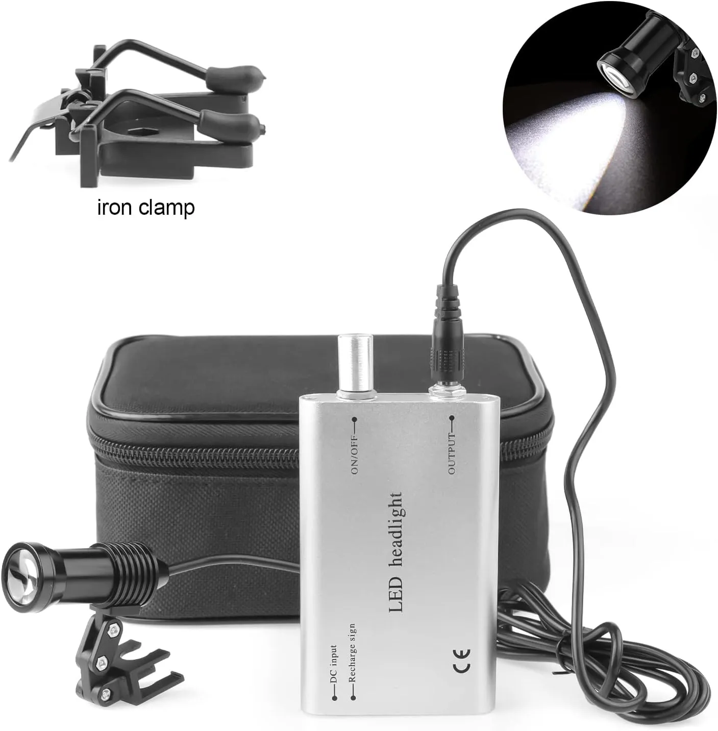 5W Headlamp Insert Type Headlight with Two Iron Clamps Rechargabe Metal Battery for Binocular Loupes Magnifier with Black Cloth Bag (Silver)