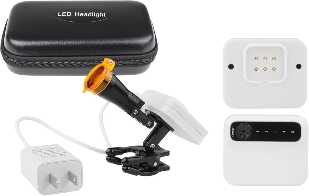 5W LED Headlight with Magnet Clip Portable Binocular Headlamp with Extra Batteries for Loupe Headlight with Optical Filter Square Light Spot Loupe Plastic Clipr Head Light Brightness (White)