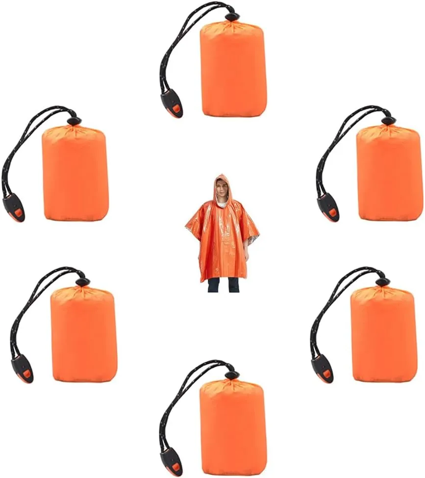 6Pcs Emergency Rain Poncho, Waterproof Foldable Compact Survival Blanket Poncho Kit with Carry Bag and Whistle, Keep You Dry and Warmth, for Survival Camping Extreme Weather
