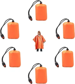 6Pcs Emergency Rain Poncho, Waterproof Foldable Compact Survival Blanket Poncho Kit with Carry Bag and Whistle, Keep You Dry and Warmth, for Survival Camping Extreme Weather