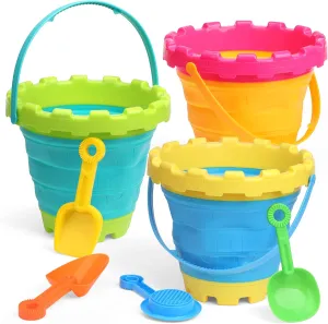 7 PCS Jumbo Castle Beach Collapsible Buckets Sand Toys Bulk For Kids, 3L Silicon Fodable Buckets Pails With 4 Shovels Rake Scoop Sifter for Toddler, Sandbox Kit, Water Table, Summer Beach Toy, Garden