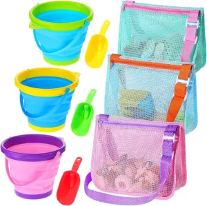 9 Pcs Beach Toys, Include 3 Beach Mesh Bag Shell Collecting Bags with 3 Foldable Sand Bucket Collapsible Bucket and 3 Shovels for Beach, Pool, Outdoor Summer Activities (Round)