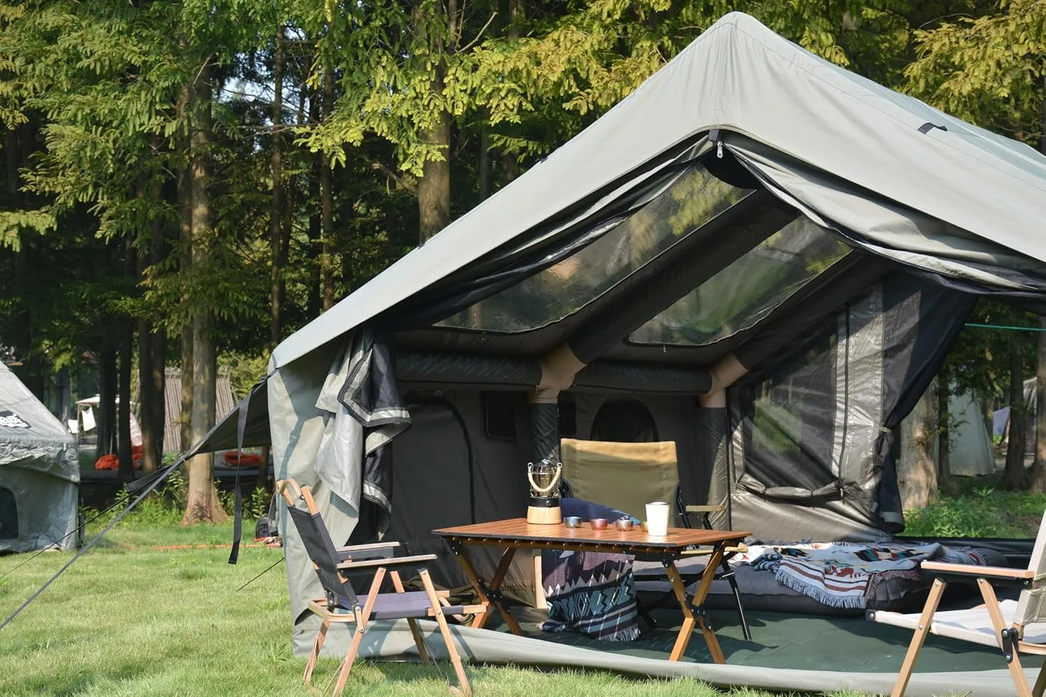 9.8 x13ft Inflatable Camping Tents with Hand Pump, Air Glamping Tents, Easy Setup Waterproof and Windproof Blow up Tent, 4 Seasons Oxford Cabin Tent with Mesh & Chimney Window. Army Green