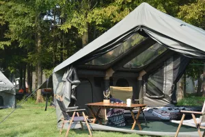 9.8 x13ft Inflatable Camping Tents with Hand Pump, Air Glamping Tents, Easy Setup Waterproof and Windproof Blow up Tent, 4 Seasons Oxford Cabin Tent with Mesh & Chimney Window. Army Green