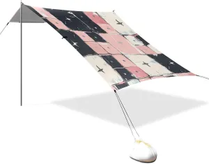 A Seamless Pattern of Blush and Liwhite Squares Designed UPF50  Protection Foldable Beach Canopy Easy Setup Outdoor Sun Shade with Sandbags & Sand Shovel for Camping, Fishing,