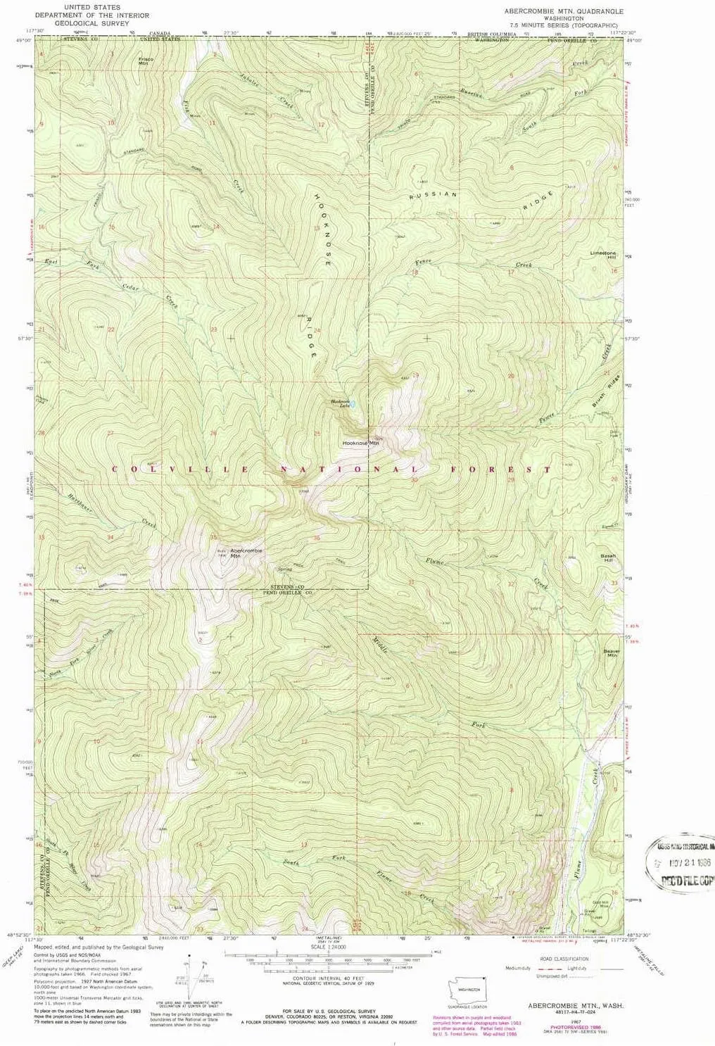 Abercrombie MTN WA topo map, 1:24000 Scale, 7.5 X 7.5 Minute, Historical, 1967, Updated 1986, 26.9 x 19.3 in