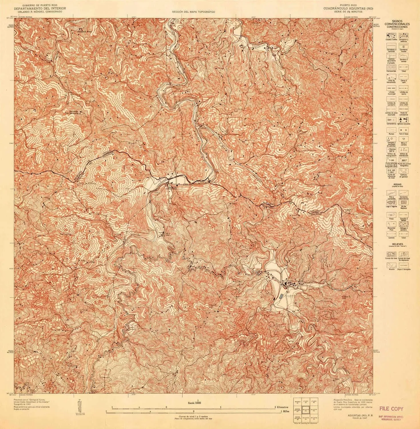 Adjuntas NO PR topo map, 1:10000 Scale, 3.75 X 3.75 Minute, Historical, 1947, 31.1 x 30.5 in