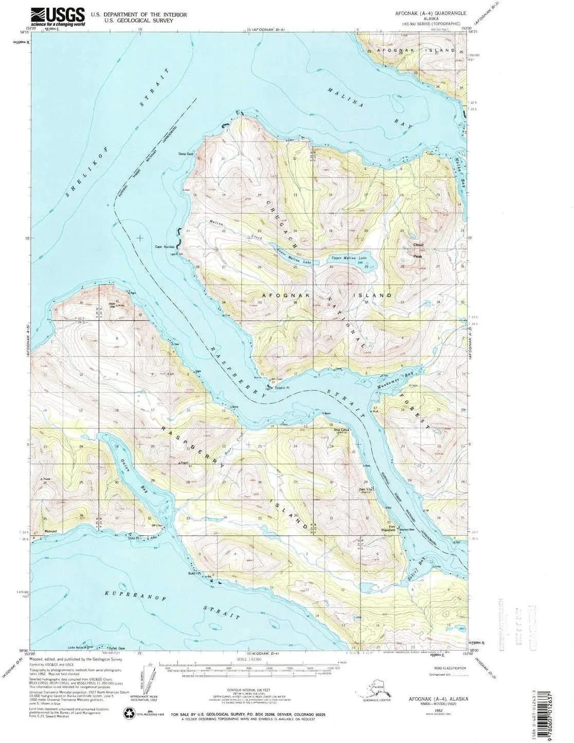 Afognak A 4 AK topo map, 1:63360 Scale, 15 X 15 Minute, Historical, 1952, Updated 1974, 21.6 x 18.1 in