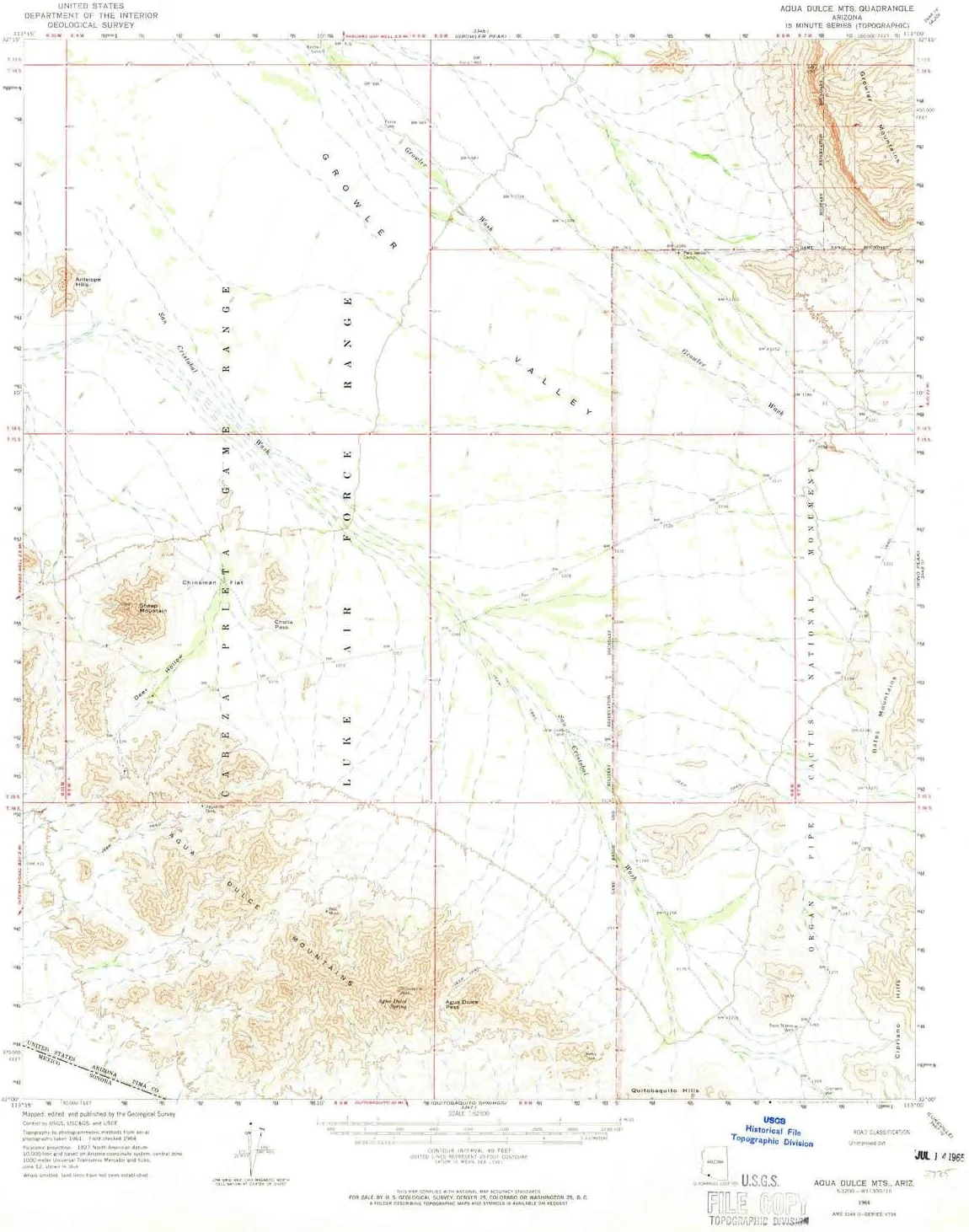 Agua Dulce MTS AZ topo map, 1:62500 Scale, 15 X 15 Minute, Historical, 1964, Updated 1965, 20.83 x 16.93 in