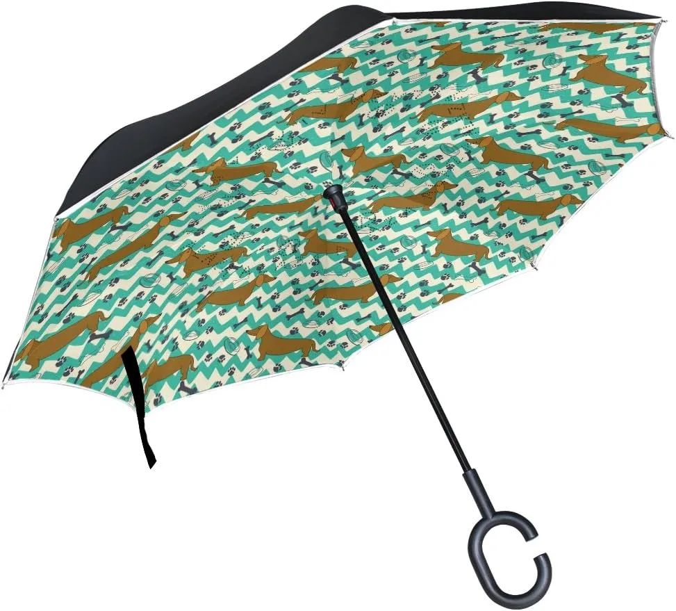 ALAZA Vintage Dachshund with Chevron Windproof UV Proof Reverse Folding Umbrella, Double Layer Travel Inverted Umbrella with C Shape Handle for Car Use