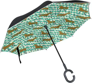ALAZA Vintage Dachshund with Chevron Windproof UV Proof Reverse Folding Umbrella, Double Layer Travel Inverted Umbrella with C Shape Handle for Car Use