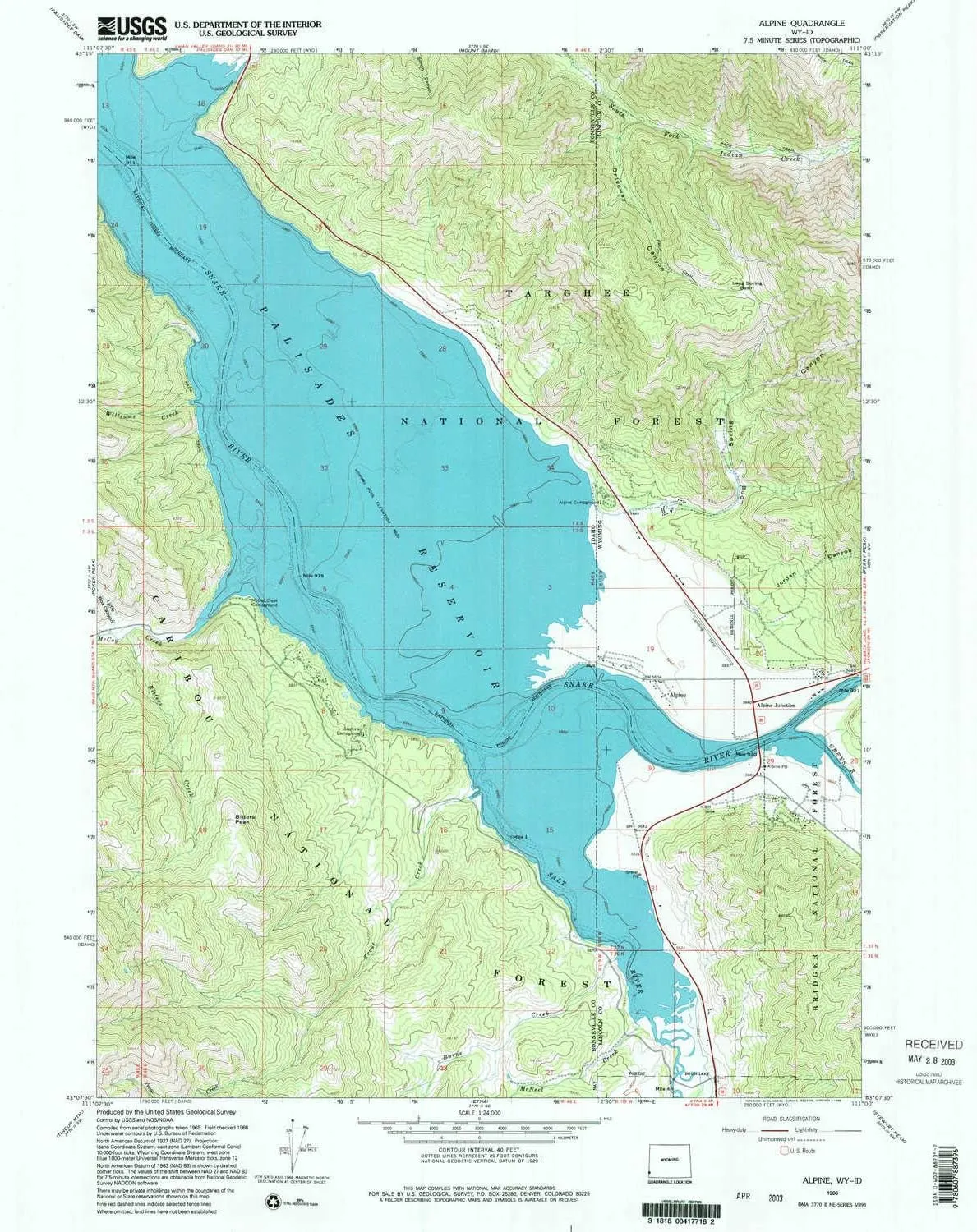 Alpine WY topo map, 1:24000 Scale, 7.5 X 7.5 Minute, Historical, 1966, Updated 1998, 26.9 x 21.6 in