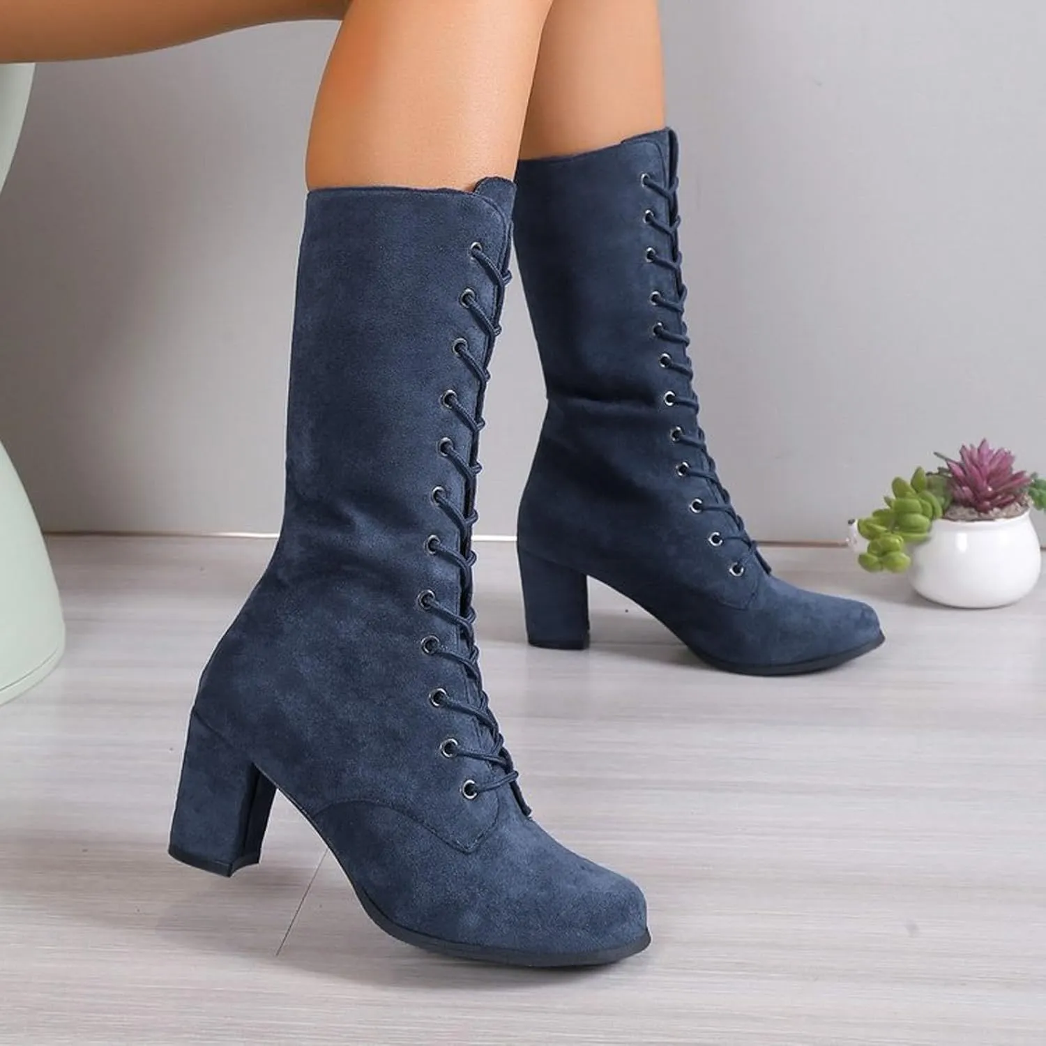 AMDBEL Wide Calf Boots for Women Thick Heel Womens Fall Boots 2024 Casual Lace Up Strappy Walking Booties Winter Shoes