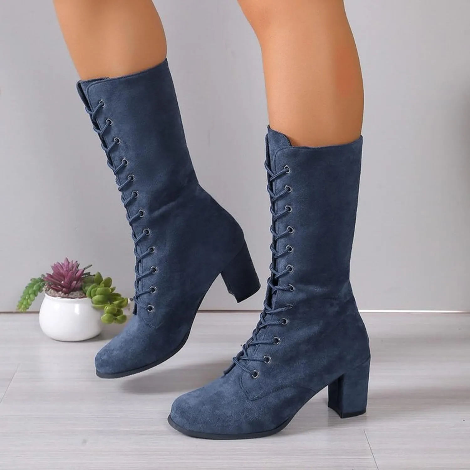 AMDBEL Wide Calf Boots for Women Thick Heel Womens Fall Boots 2024 Casual Lace Up Strappy Walking Booties Winter Shoes