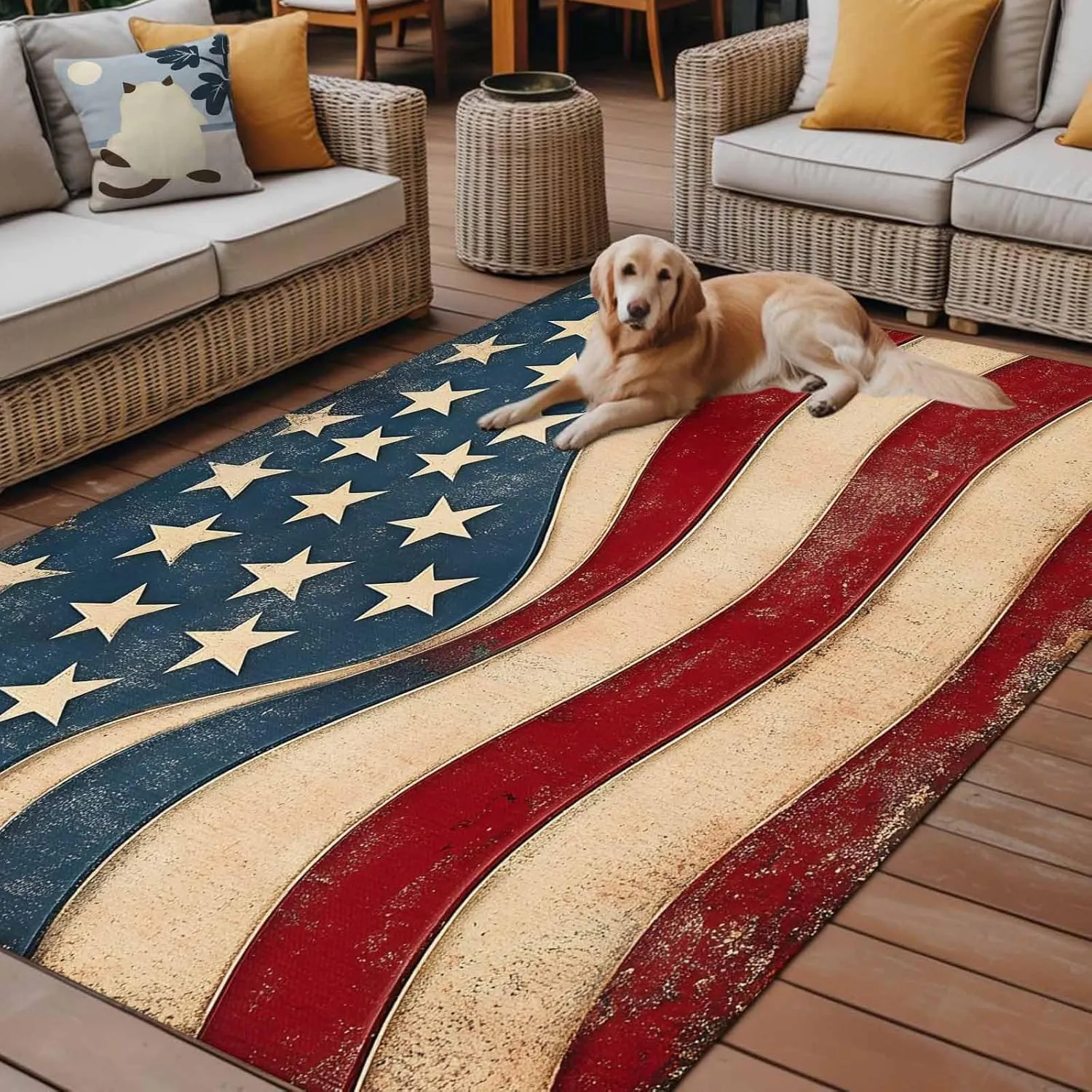 American Flag Outdoor Rug 5x8ft Large Patio Rug,Washable RV Camping Outside Area Runner Rug Mat,Retro Star Stripes Farmhouse Red Blue Carpet for Picnic Backyard Deck Porch Balcony Beach & Indoor