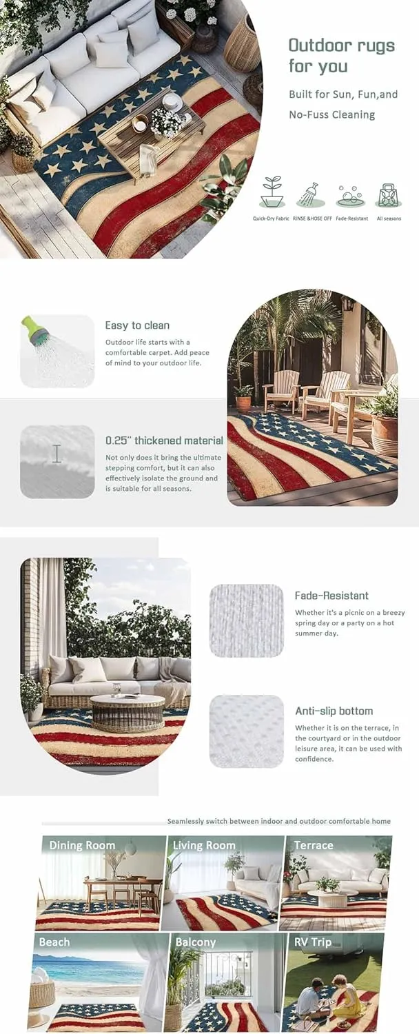 American Flag Outdoor Rug 5x8ft Large Patio Rug,Washable RV Camping Outside Area Runner Rug Mat,Retro Star Stripes Farmhouse Red Blue Carpet for Picnic Backyard Deck Porch Balcony Beach & Indoor