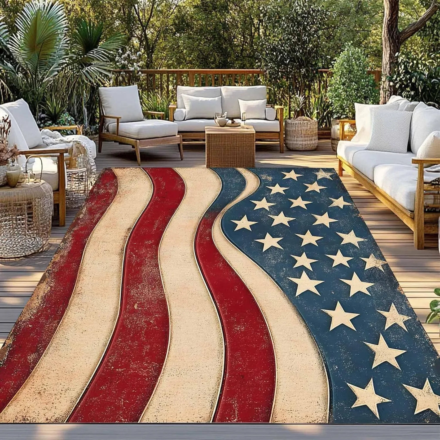 American Flag Outdoor Rug 5x8ft Large Patio Rug,Washable RV Camping Outside Area Runner Rug Mat,Retro Star Stripes Farmhouse Red Blue Carpet for Picnic Backyard Deck Porch Balcony Beach & Indoor