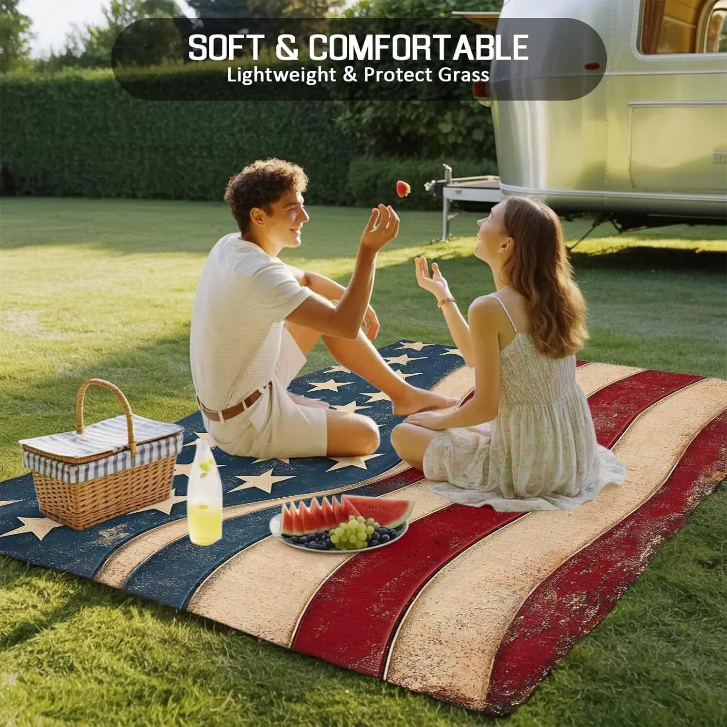 American Flag Outdoor Rug 5x8ft Large Patio Rug,Washable RV Camping Outside Area Runner Rug Mat,Retro Star Stripes Farmhouse Red Blue Carpet for Picnic Backyard Deck Porch Balcony Beach & Indoor