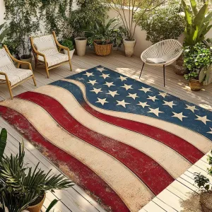 American Flag Outdoor Rug 5x8ft Large Patio Rug,Washable RV Camping Outside Area Runner Rug Mat,Retro Star Stripes Farmhouse Red Blue Carpet for Picnic Backyard Deck Porch Balcony Beach & Indoor