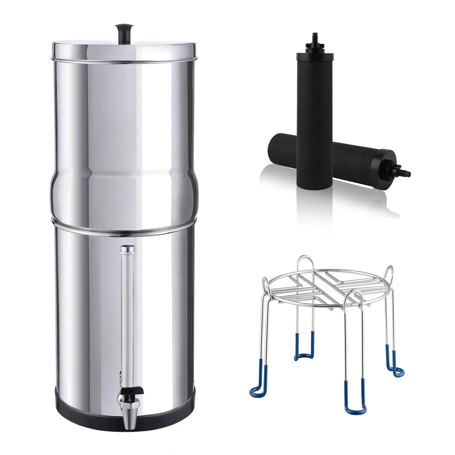 Amwater NSF/ANSI 42&372 Standard 1.5G Stainless Steel Gravity-Fed Water Filter System, Reduces Lead and up to 99% of Chlorine,with 2 Black Purification Filter, Sight Glass Spigot and 6inch Stand