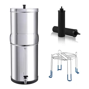 Amwater NSF/ANSI 42&372 Standard 1.5G Stainless Steel Gravity-Fed Water Filter System, Reduces Lead and up to 99% of Chlorine,with 2 Black Purification Filter, Sight Glass Spigot and 6inch Stand