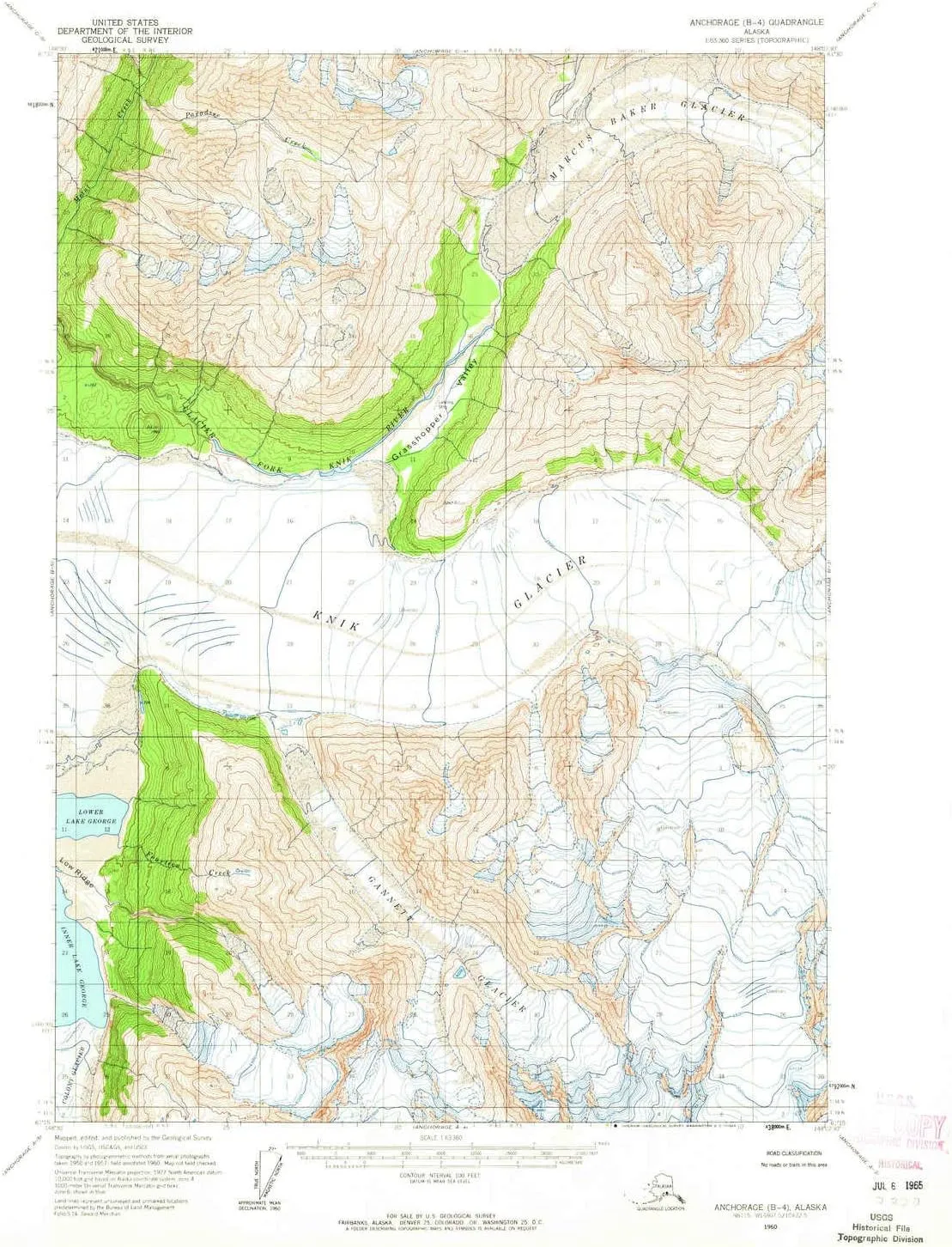 Anchorage B 4 AK topo map, 1:63360 Scale, 15 X 15 Minute, Historical, 1960, Updated 1965, 20.9 x 17 in