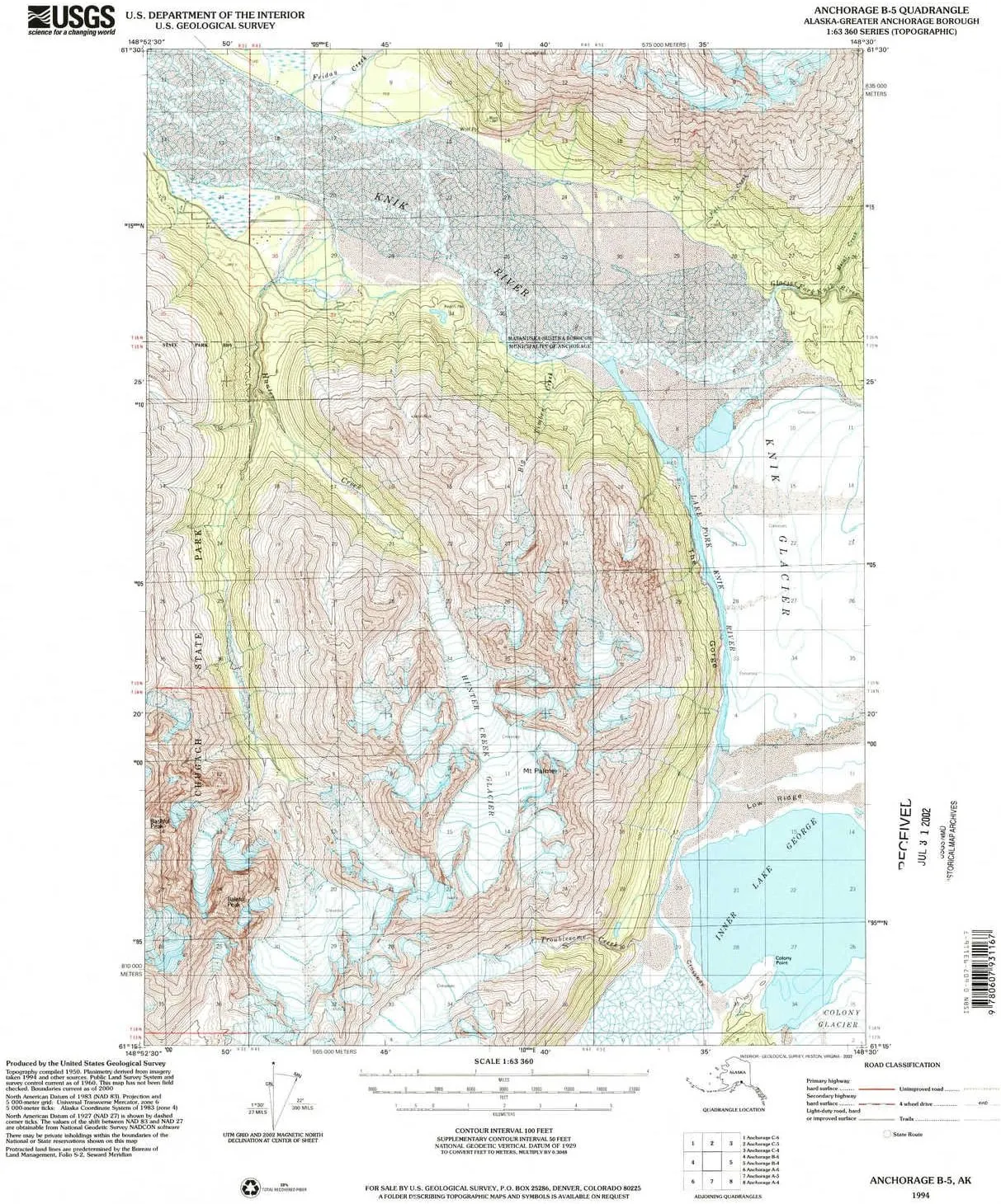 Anchorage B 5 AK topo map, 1:63360 Scale, 15 X 15 Minute, Historical, 1994, Updated 2002, 21.5 x 18 in