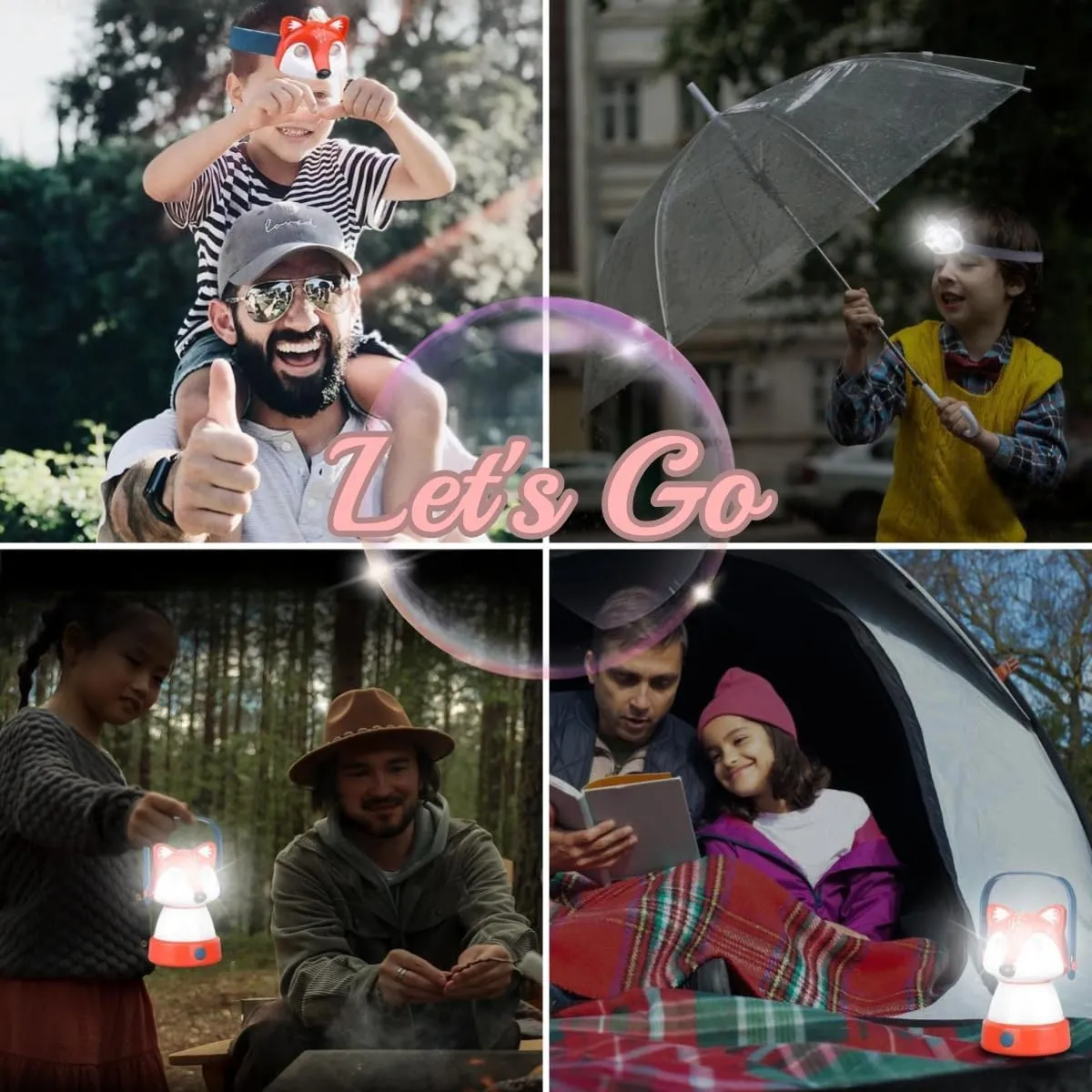 Animal LED Camping Lantern and Headlamp Set for Kids，3 Modes，Cute LED Head Lamp Camping,Lightweight Tent Lamp,Outdoor Equipment Nightlight,Suitable for Running Reading Party Gift (Fox Hand)