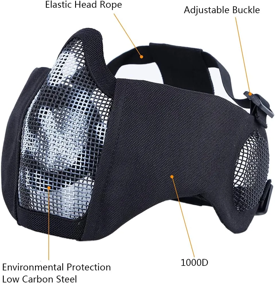 AOUTACC Airsoft Protective Gear Set, Half Face Mesh Mask with Ear Protection and Tactical Goggles for Adult Men Women BBS Paintball Shooting CS Survival Games Cosplay