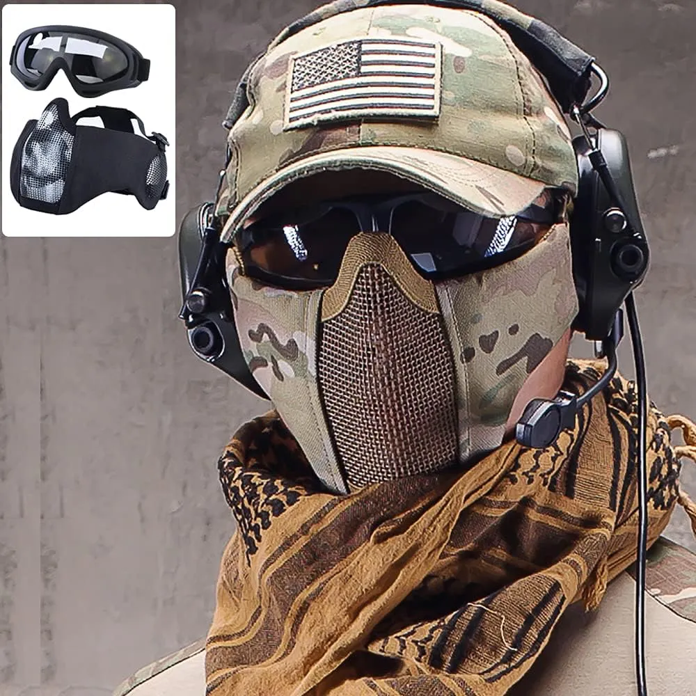 AOUTACC Airsoft Protective Gear Set, Half Face Mesh Mask with Ear Protection and Tactical Goggles for Adult Men Women BBS Paintball Shooting CS Survival Games Cosplay