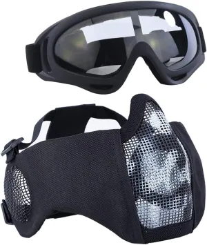 AOUTACC Airsoft Protective Gear Set, Half Face Mesh Mask with Ear Protection and Tactical Goggles for Adult Men Women BBS Paintball Shooting CS Survival Games Cosplay