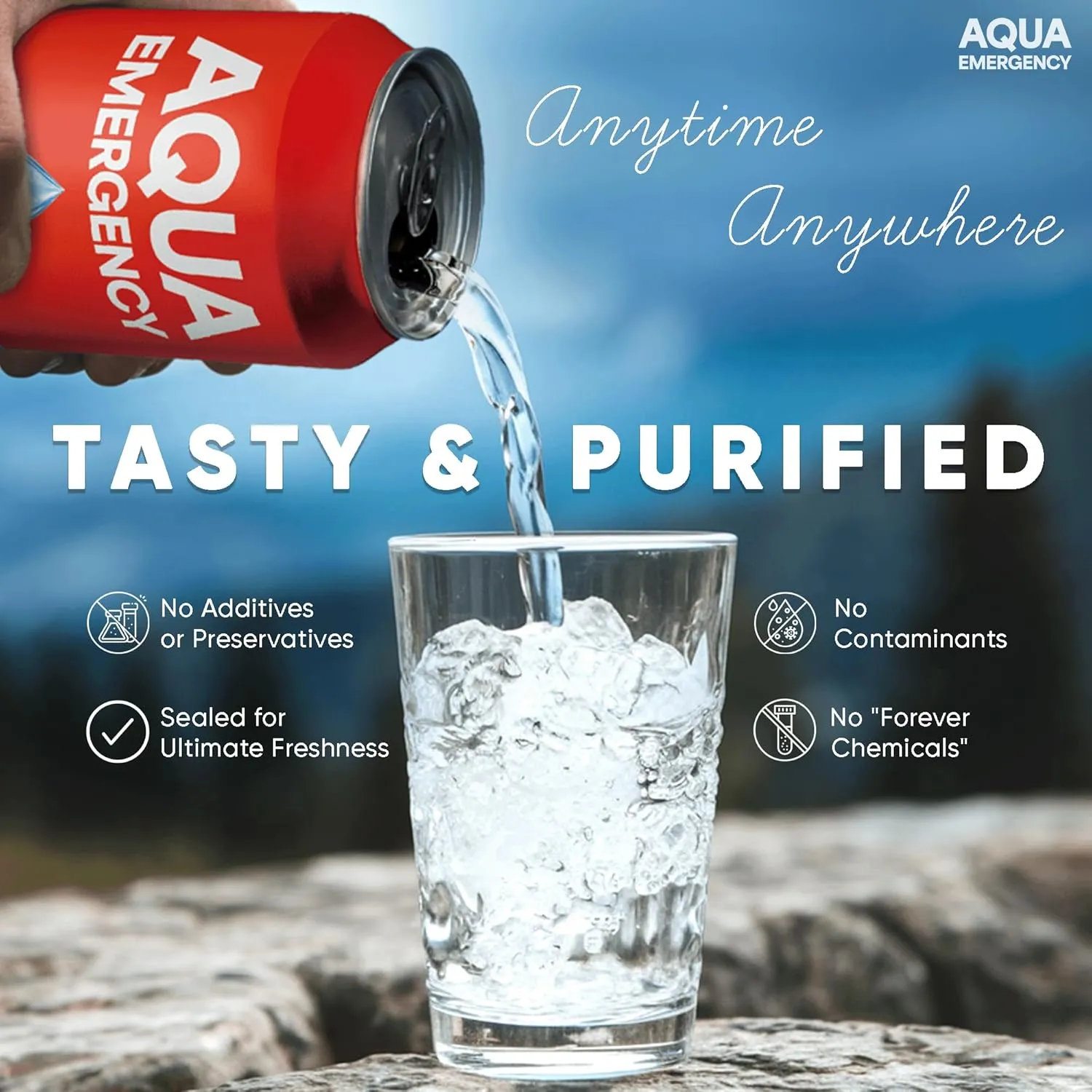 Aqua Emergency Purified Drinking Water 12 fl oz Reverse Osmosis Canned Water with 50 Years Shelf Life for Home Preparedness, Outdoor Storage, Survival Kits, Travel, Camping & Hiking 100 Cases (2400 Cans)