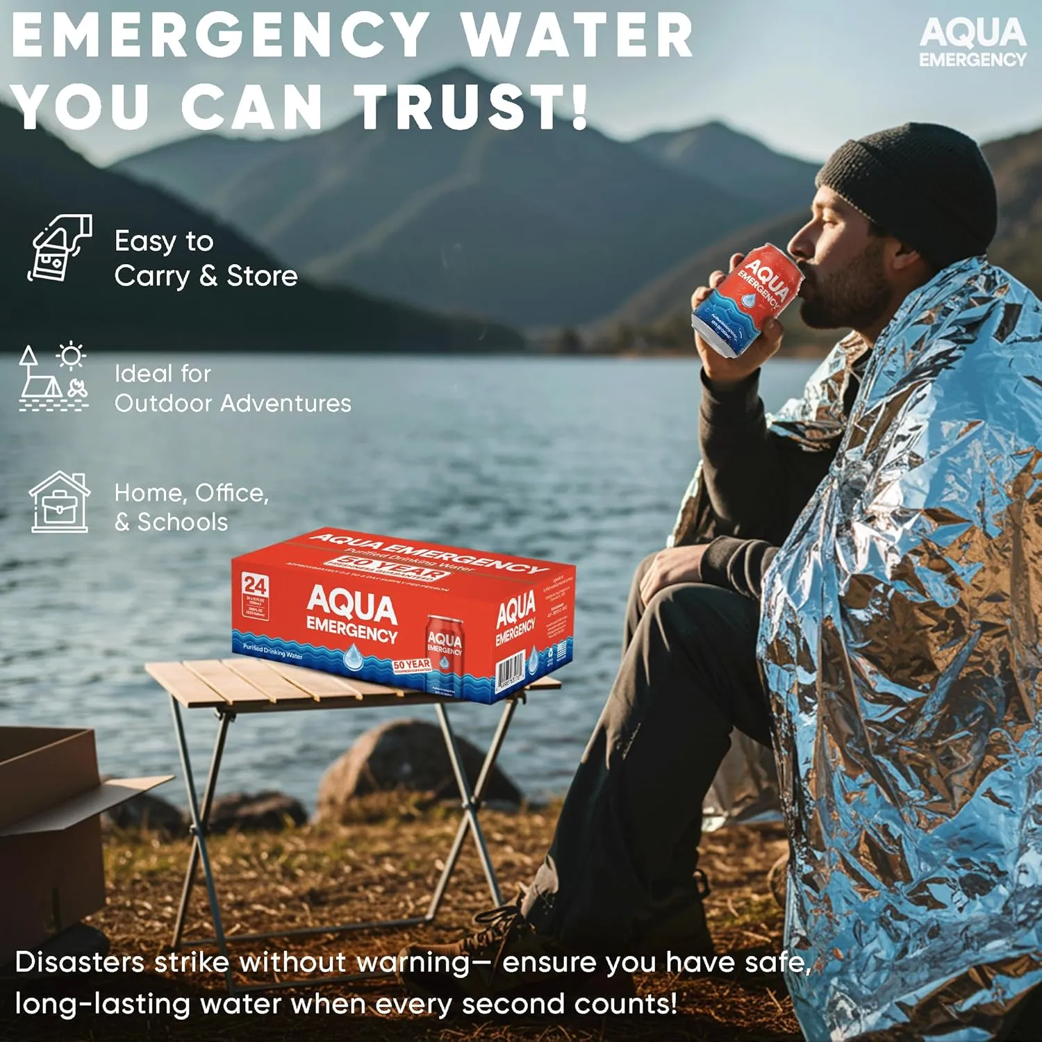 Aqua Emergency Purified Drinking Water 12 fl oz Reverse Osmosis Canned Water with 50 Years Shelf Life for Home Preparedness, Outdoor Storage, Survival Kits, Travel, Camping & Hiking 100 Cases (2400 Cans)