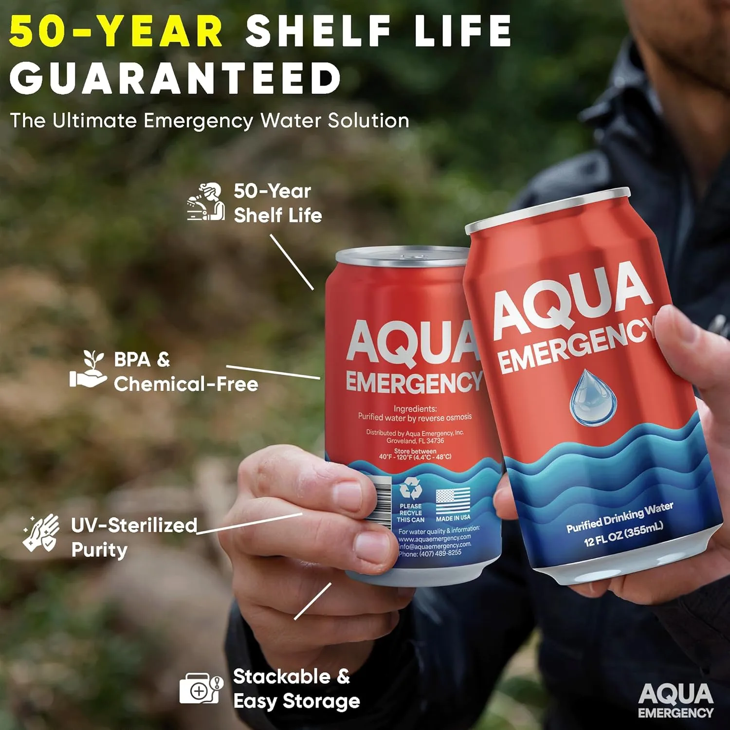 Aqua Emergency Purified Drinking Water 12 fl oz Reverse Osmosis Canned Water with 50 Years Shelf Life for Home Preparedness, Outdoor Storage, Survival Kits, Travel, Camping & Hiking 100 Cases (2400 Cans)