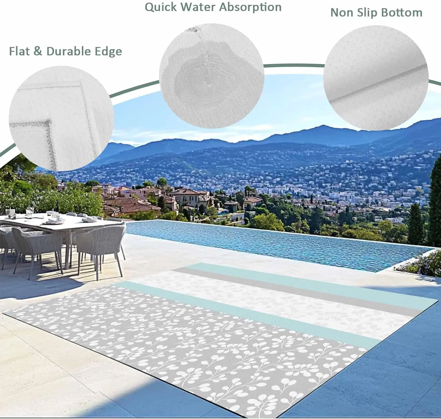 Aqua Grey Outdoor Rug 5x8ft Large Patio Rug,Washable RV Camping Outside Area Runner Rug Mat,Chic Garden Floral Stripe Embroidery Design Carpet for Picnic Backyard Deck Porch Balcony Beach & Indoor