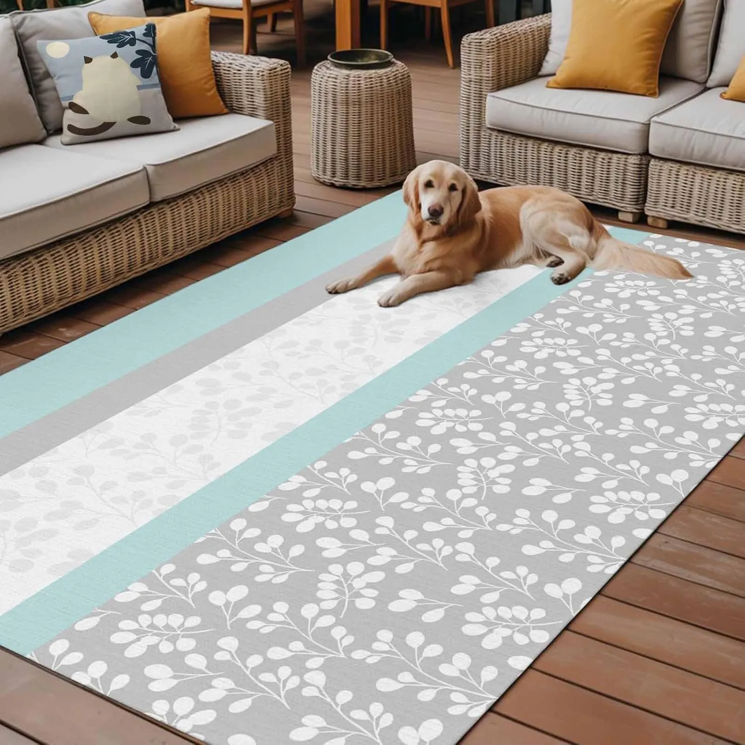 Aqua Grey Outdoor Rug 5x8ft Large Patio Rug,Washable RV Camping Outside Area Runner Rug Mat,Chic Garden Floral Stripe Embroidery Design Carpet for Picnic Backyard Deck Porch Balcony Beach & Indoor