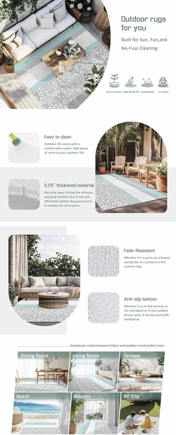 Aqua Grey Outdoor Rug 5x8ft Large Patio Rug,Washable RV Camping Outside Area Runner Rug Mat,Chic Garden Floral Stripe Embroidery Design Carpet for Picnic Backyard Deck Porch Balcony Beach & Indoor