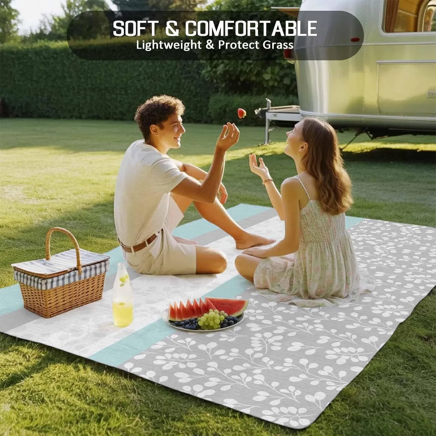 Aqua Grey Outdoor Rug 5x8ft Large Patio Rug,Washable RV Camping Outside Area Runner Rug Mat,Chic Garden Floral Stripe Embroidery Design Carpet for Picnic Backyard Deck Porch Balcony Beach & Indoor