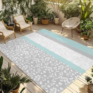 Aqua Grey Outdoor Rug 5x8ft Large Patio Rug,Washable RV Camping Outside Area Runner Rug Mat,Chic Garden Floral Stripe Embroidery Design Carpet for Picnic Backyard Deck Porch Balcony Beach & Indoor