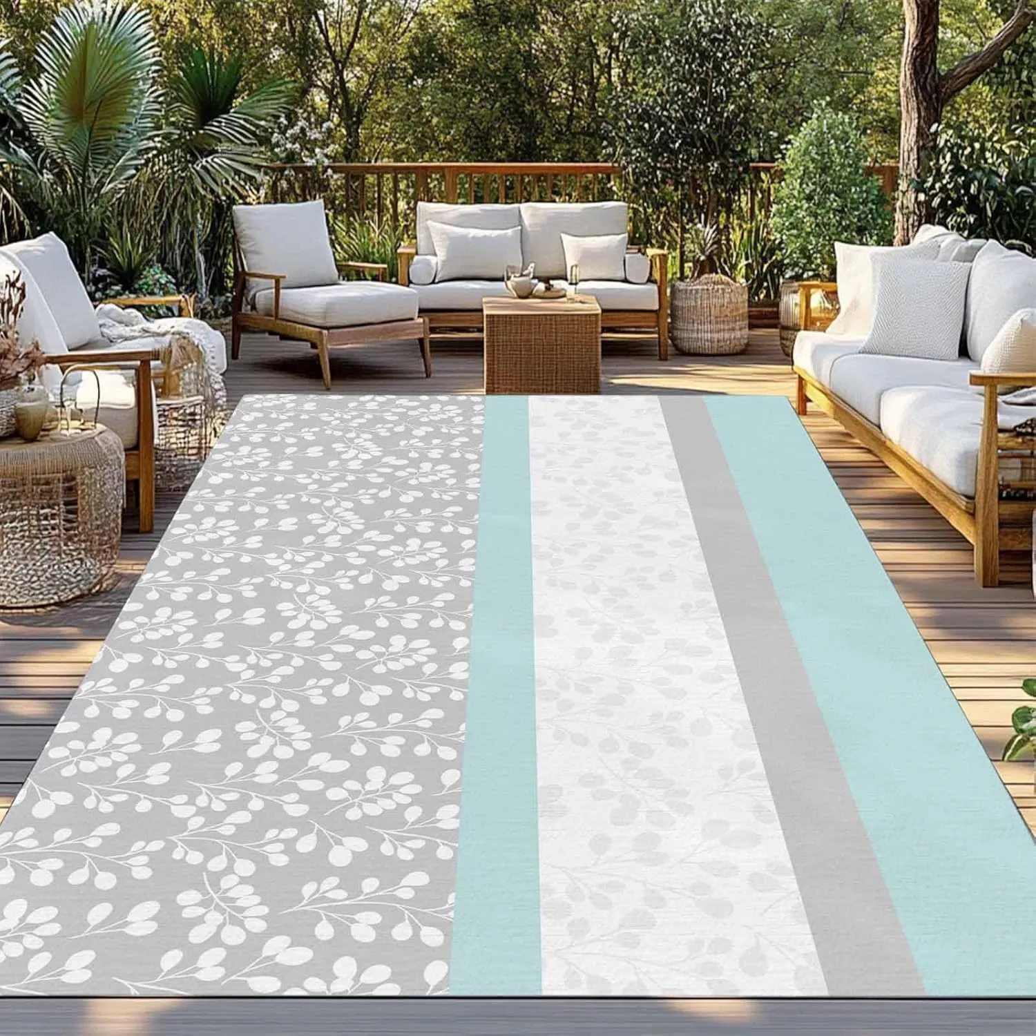 Aqua Grey Outdoor Rug 5x8ft Large Patio Rug,Washable RV Camping Outside Area Runner Rug Mat,Chic Garden Floral Stripe Embroidery Design Carpet for Picnic Backyard Deck Porch Balcony Beach & Indoor